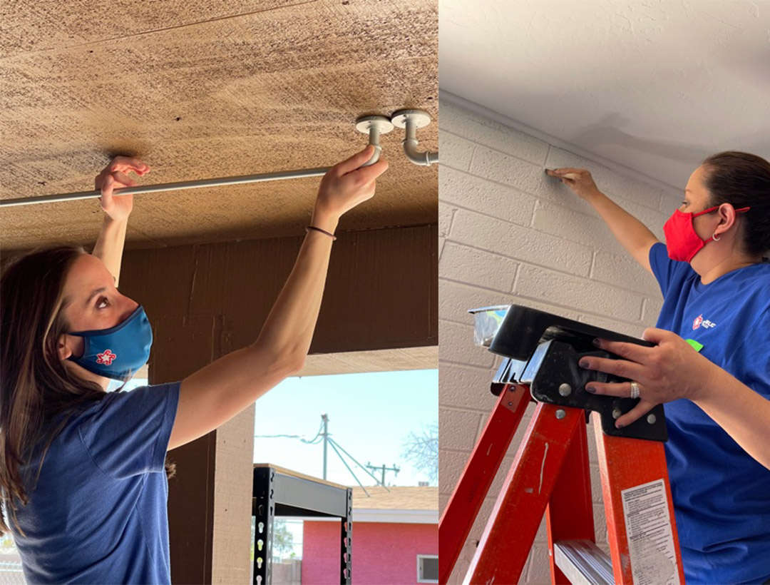Two volunteers from Republic Services, shown in separate side by side photos, repairing the ceiling.